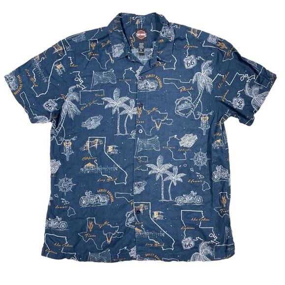 HARLEY-DAVIDSON Linen-Blend Short-Sleeve Route 66 Graphic Button-Up Size XL - Picture 1 of 6